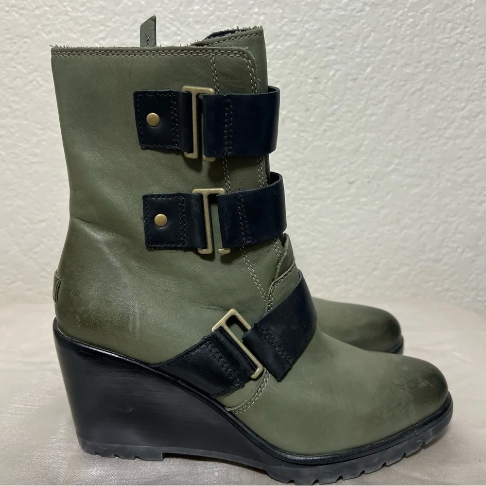 Sorel After Hours Waterproof Leather Wedge Bootie Color Nori NL2550-383 Size 7.5